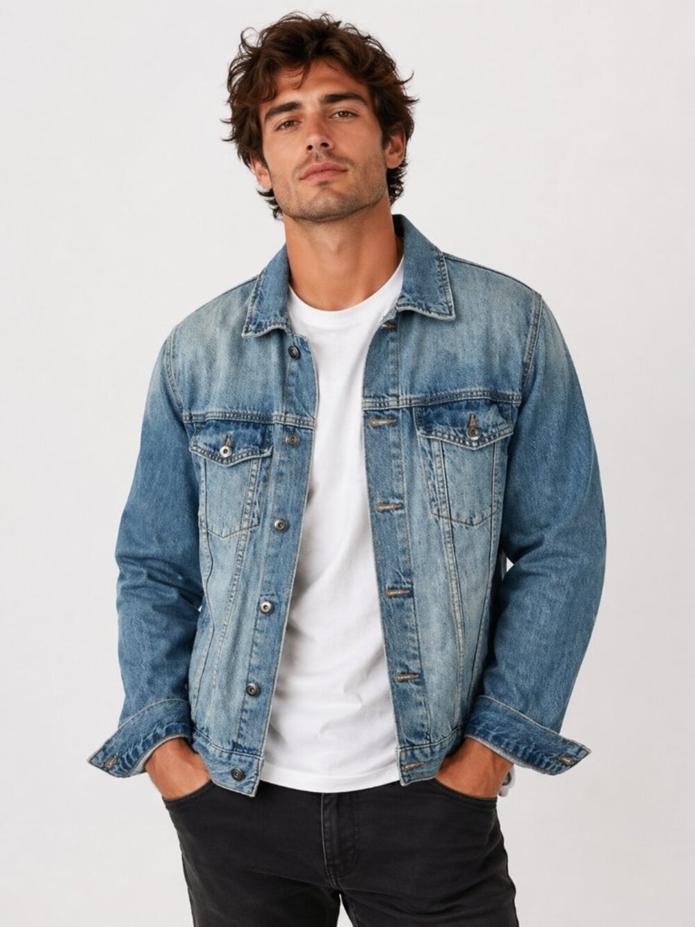 Forever 21 Denim Trucker Jacket Washed Blue Button Front Mens Small Classic